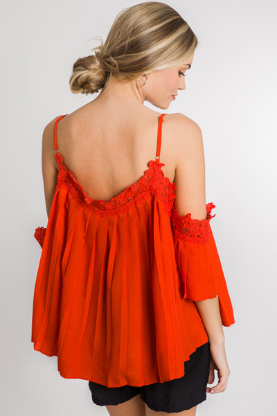 Pleated Cold Shoulder Top, Tomato