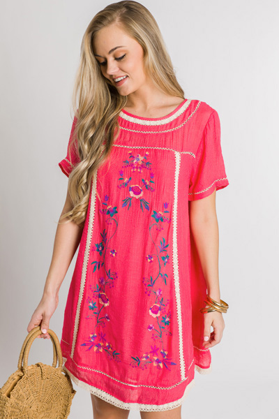 Stitched Blooms Dress, Coral