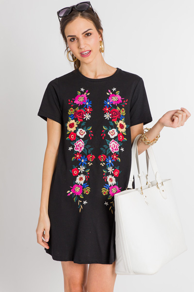 Embroidered T-Shirt Dress, Black