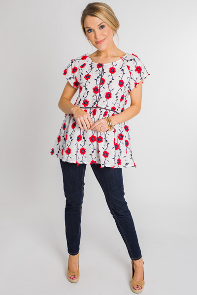 Red Posey Embroidered Top