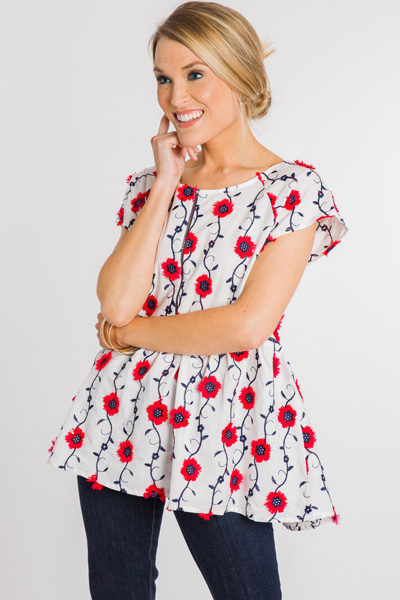 Red Posey Embroidered Top
