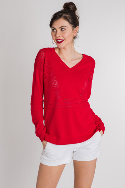 Perforated Knit Sweater, Red