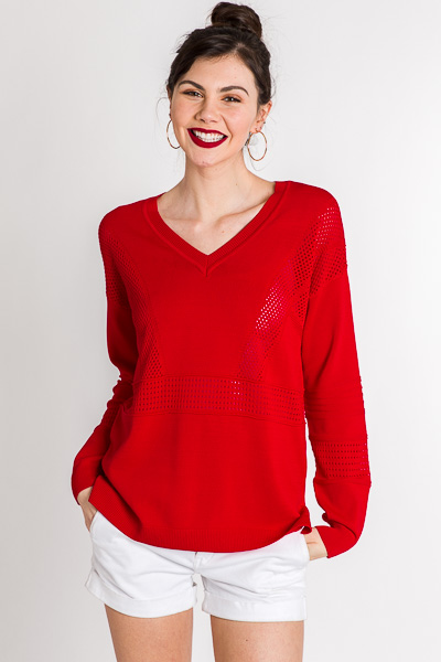 Perforated Knit Sweater, Red