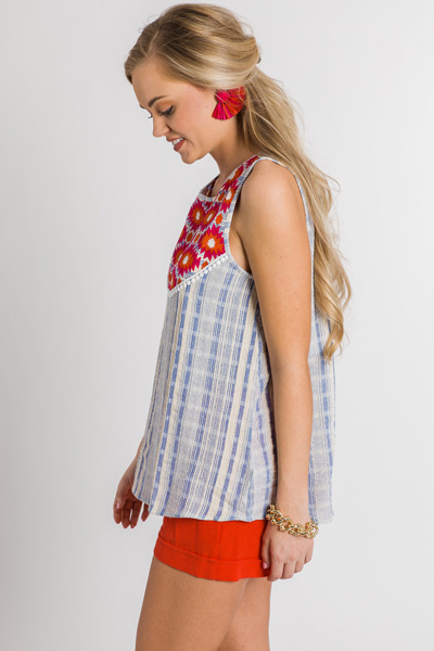Embroidered Tank, Blue Linen