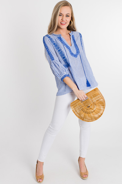 Stripes Embroidered Top, Blue