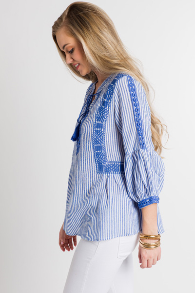 Stripes Embroidered Top, Blue