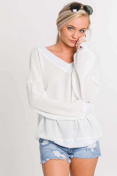 Banded Waffle Top, Ivory