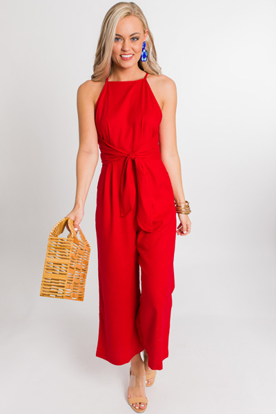 Tied Linen Jumpsuit, Red