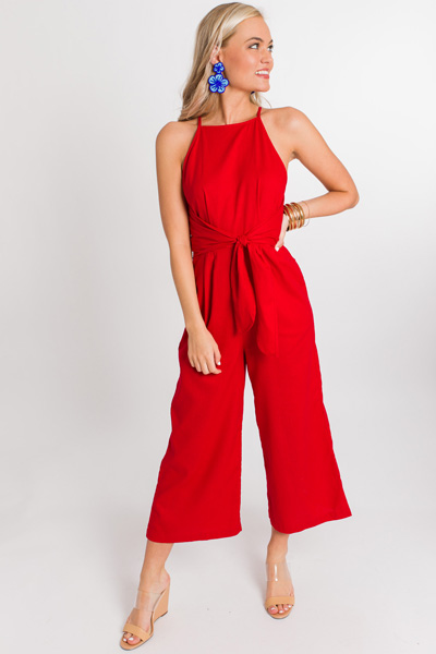 Tied Linen Jumpsuit, Red