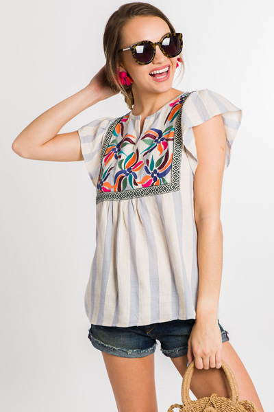 Beach Embroidery Top, Blue
