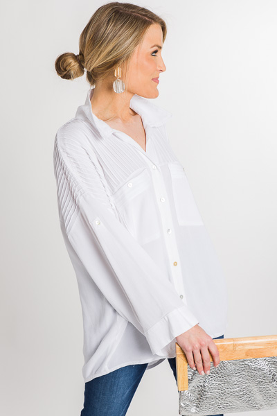 Pleated Button Down, White