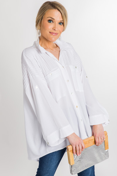 Pleated Button Down, White