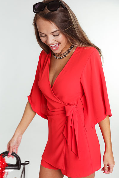 Kimono Sleeve Romper, Red