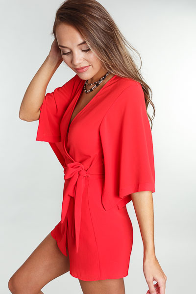 Kimono Sleeve Romper, Red