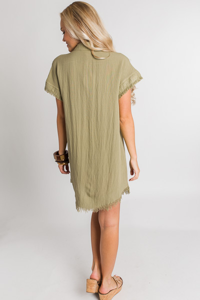 Frayed Trim Shirt Dress, Olive
