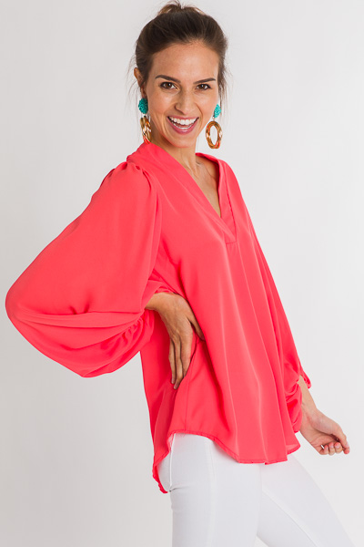 Puff Sleeve Pleat Blouse, Coral