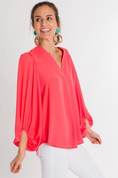 Puff Sleeve Pleat Blouse, Coral