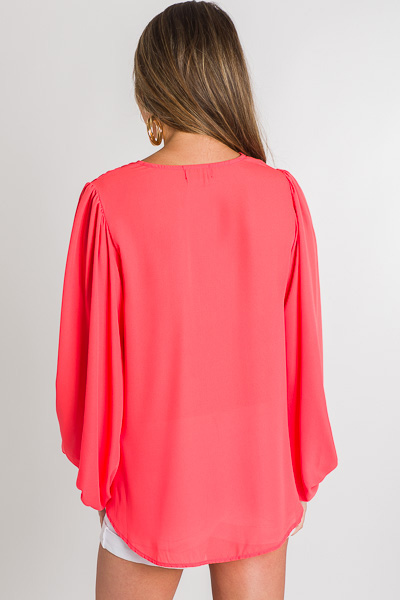 Puff Sleeve Pleat Blouse, Coral