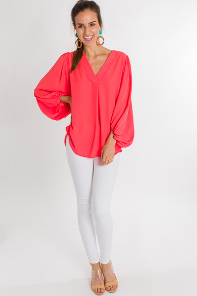 Puff Sleeve Pleat Blouse, Coral