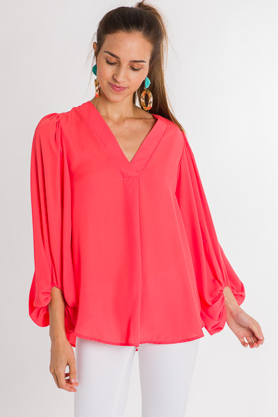 Puff Sleeve Pleat Blouse, Coral