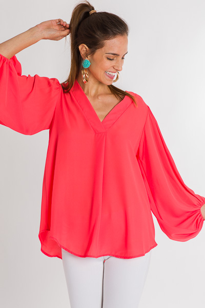 Puff Sleeve Pleat Blouse, Coral