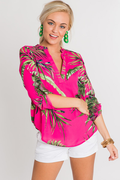 Pink Palm Tabbed Blouse