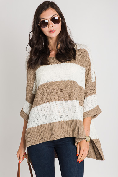 Cuff Sleeve Stripe Sweater, Taupe