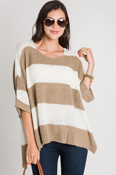 Cuff Sleeve Stripe Sweater, Taupe