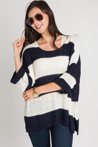Cuff Sleeve Stripe Sweater, Navy