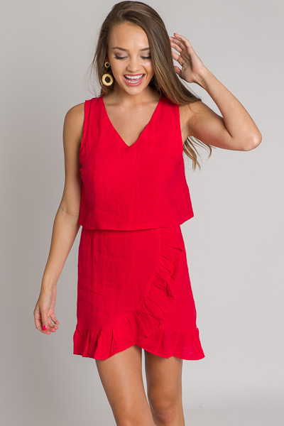 Red Linen Ruffle Dress