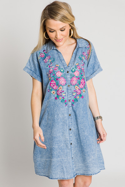 Embroidered Denim Shirt Dress