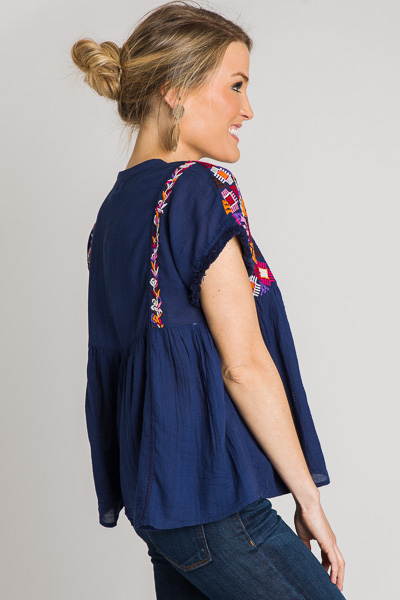 Aztec Embroidered Babydoll, Navy