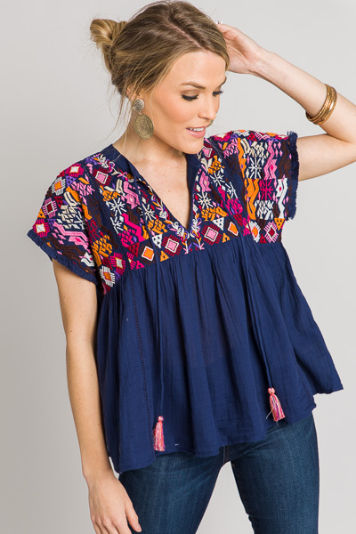 Aztec Embroidered Babydoll, Navy