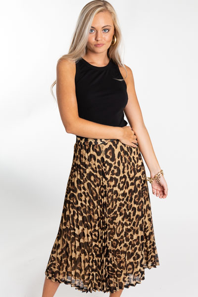 Pleated Leopard Midi Skirt