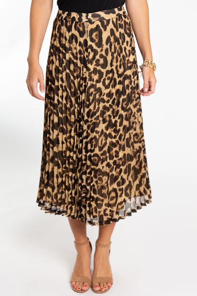 Pleated Leopard Midi Skirt