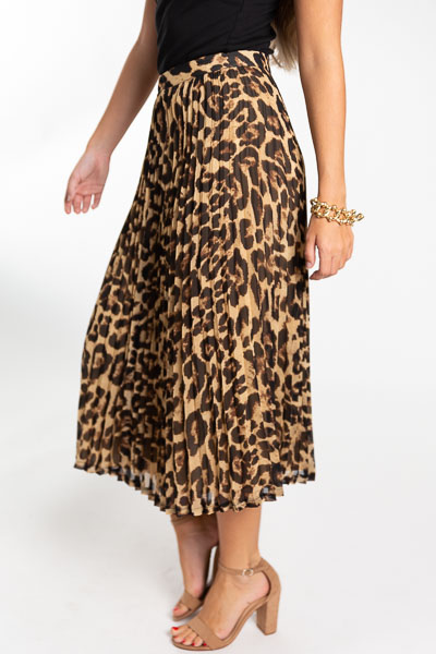 Pleated Leopard Midi Skirt