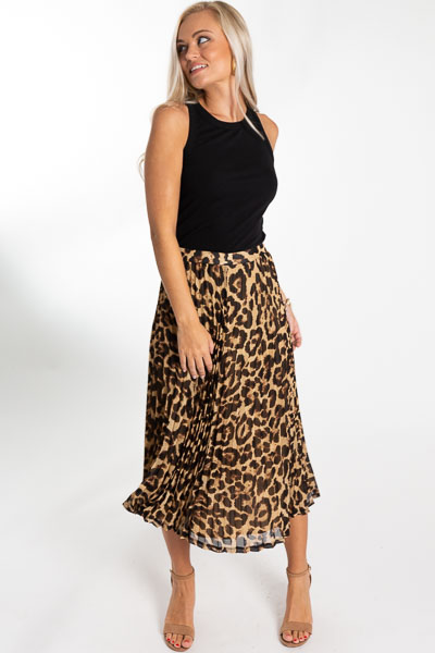 Pleated Leopard Midi Skirt