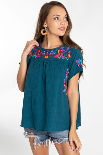 Neon Embroidery Top, Teal