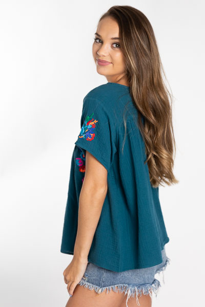 Neon Embroidery Top, Teal