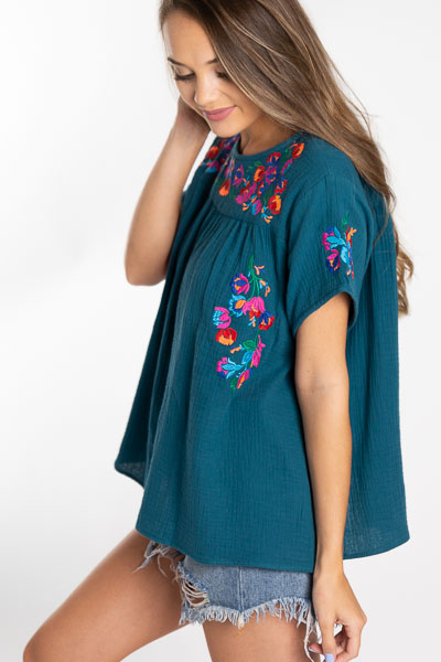 Neon Embroidery Top, Teal