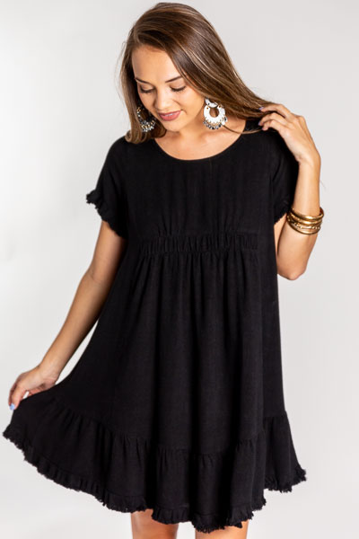 Frayed Linen Babydoll Dress, Black