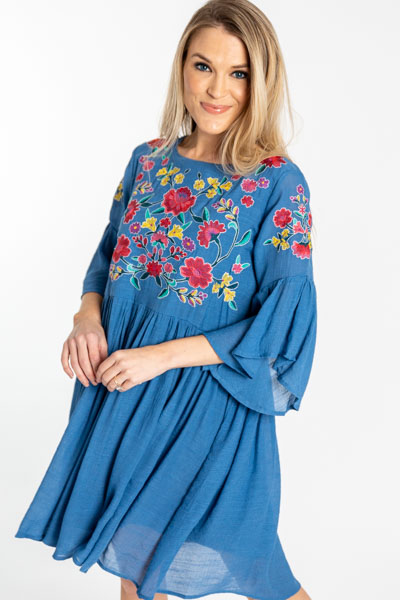 Alice Embroidered Dress, Blue