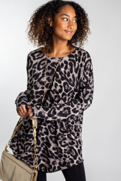 Boxy Leopard Tunic, Grey