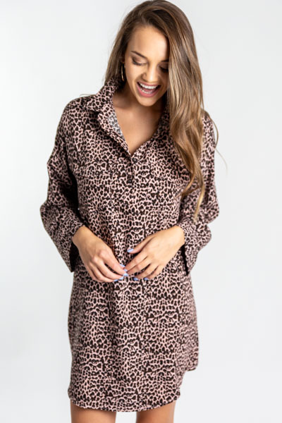 Leopard Shirt Dress, Pink