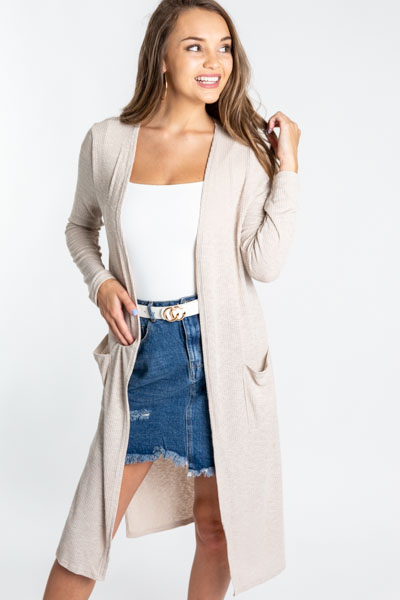 Long Sleeve Ribbed Duster, Taupe