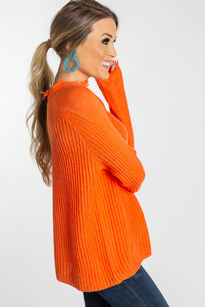 Fall Frayed Sweater, Neon Coral