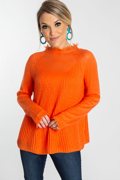 Fall Frayed Sweater, Neon Coral