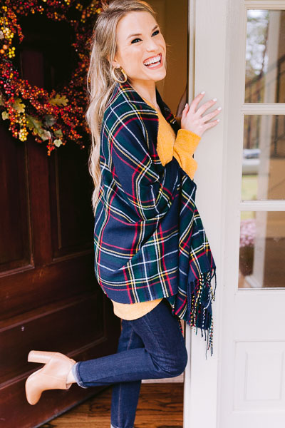 Tartan Plaid Wrap, Navy