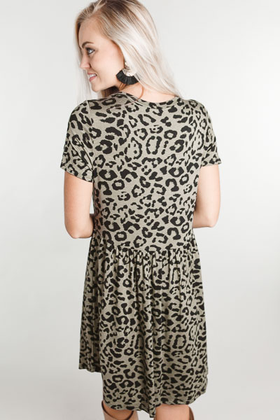 Knit Babydoll Dress, Olive Panther