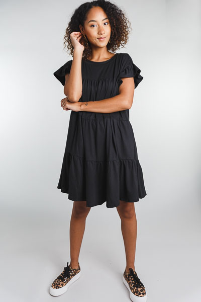 Creamy Knit Tiered Dress, Black